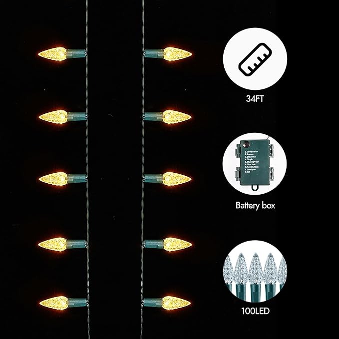 WBao Battery Operated Christmas Lights 100 LED 34ft C6 Christmas String Lights with 8 Modes, Timer, Waterproof Design for Indoor Outdoor Trees, Fence, Stairs Xmas Decorations, Warm White