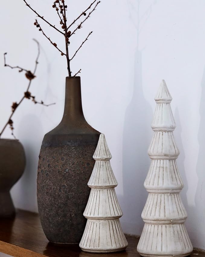 WONDROUS' DECO Wooden Christmas Tree Figurine Decor, Set of 2 White Christmas Tree Table Centerpieces, Small Distressed White Xmas Trees Set Decoration for Vintage Mantle Indoor