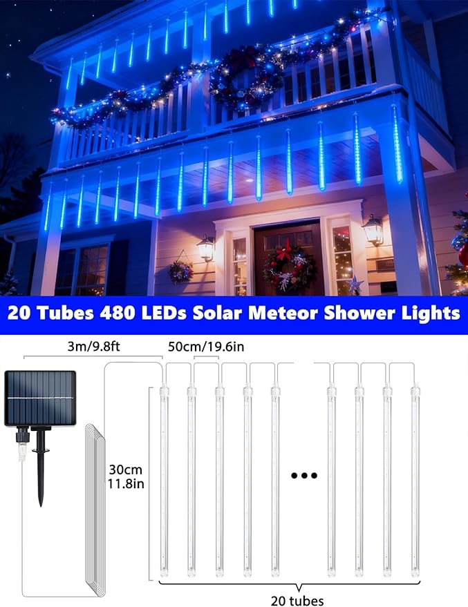 Flacchi Solar Meteor Shower Icicle Lights - 20 Tubes 480 LED Cascading Raindrop Lights, Outdoor Waterproof Christmas Decorations for Holiday Party (Blue, Solar 20 Tubes)