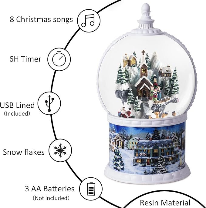 10.2 Inch High Large Size Christmas Snow Globes,Large Size Glitter Globe,6H Timer Musical Box with 8 Christmas Songs