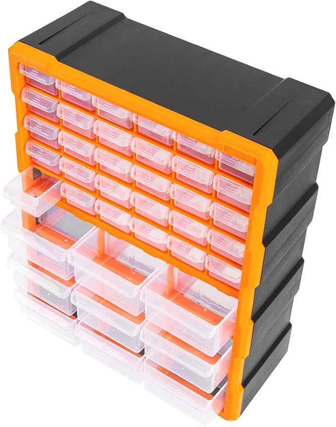 Amazon Basics Wall Mount Hardware and Craft Storage Cabinet Drawer Organizer 39 Drawers, Black, Orange, 15 L x 6.3 W x 18.6 H inches (LxWxH)