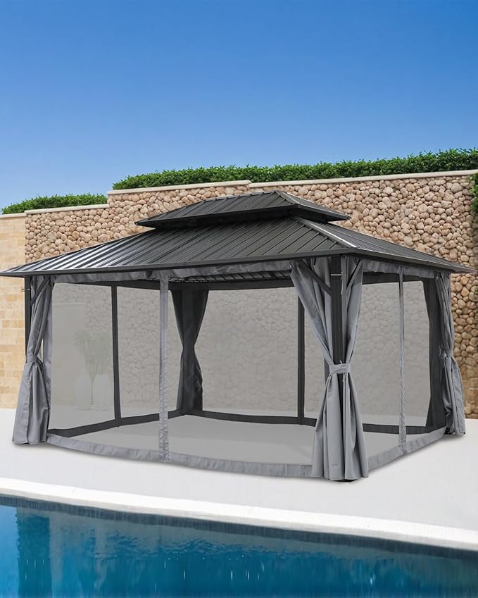 12' x 16' Hardtop Gazebo, Outdoor Patio Gazebo, Aluminum Frame Patio Hardtop Gazebos with Netting and Curtain, Outdoor Patio Pergola with Double Steel Roofs for Deck, Lawns, Garden, Slate Gray
