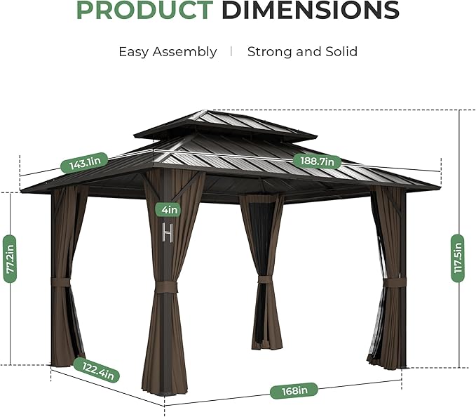 12' x 16' Hardtop Gazebo, Aluminum Frame with Double Galvanized Steel Roof, Outdoor Metal Gazebo with Netting & Curtains for Backyard, Garden, or Deck, Brown