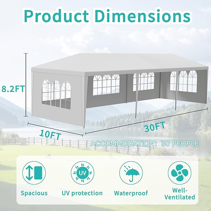10' x 30' Outdoor Canopy Tents with 5 Detachable Sidewalls, White Patio Gazebo Tent, Shade Tents with Transparent Windows, Ideal for Party, Wedding, Birthday, Events, Gatherings, BBQ