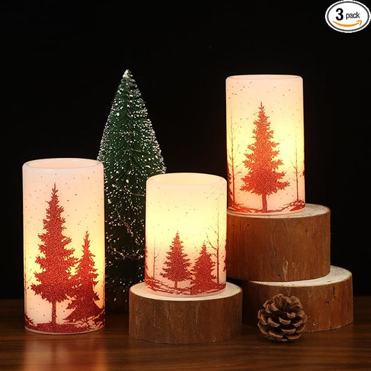 Wondise Flickering Flameless Candles with Timer, Battery Operated Real Wax Warm Light Red Christmas Tree Decal Candle for Home Decoration Christmas Gifts, Set of 3(D3 x H4/5/6 Inch)