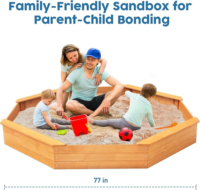 Kids Large Octagonal Wooden Outdoor Sandbox with Cover, 4 Built-in Benches Extra Large Sandpit, Bottom Liner, Playset Gift for Backyard Garden Easy Assembly