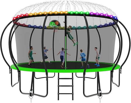 SKYUP 2026 Upgraded 8 10 12 14 15 16 FT 1500lbs Tranpoline for Kids and Adults with Light+Sprinkler+Socks, Recreational Tranpoline with Basketball Hoop, Ladder, ASTM Approved Tranpoline for 7-10 Kids