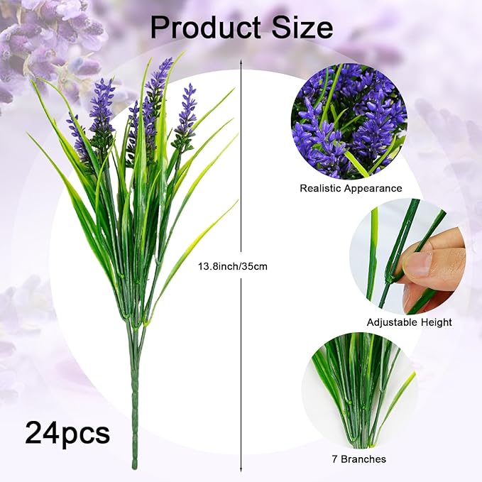 24 Bundles Artificial Plants Flowers Outdoor, Faux Lavender Flowers with Monkey Grass, UV Resistant Plastic Faux Plants for Indoor Outdoor Window Patio Hanging Planter Home Decor