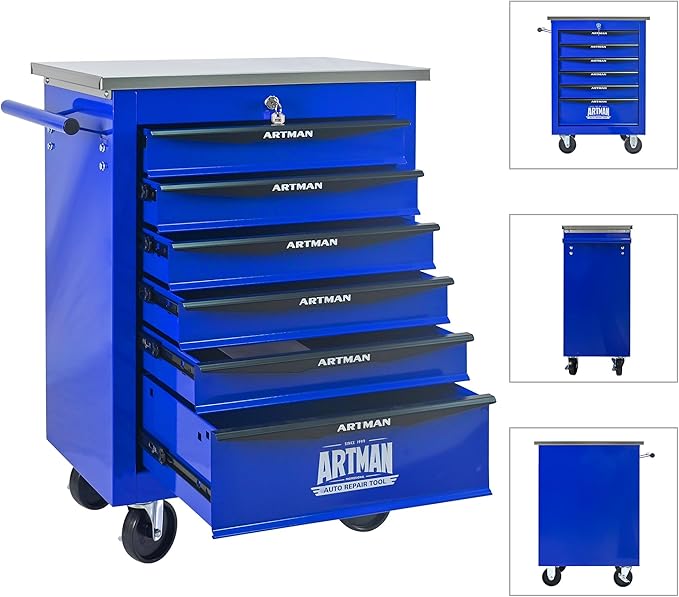 RYH 4/5/6/7 Drawers Rolling Tool Chest -Heavy Duty Mobile Metal Tool Box with Locking Wheels, with Stainless Steel Worktop, Garage Tool Storage Cabinet (Blue, 6-Drawers 30.7 H¡¿22.2 W)