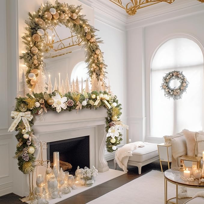 WBHome Pre-lit 9 Feet/108 Inch Christmas Garland, White & Gold Lighted Garland with 50 LED Lights for Indoor Outdoor Xmas Decor Holiday Decorations, Battery Operated (Batteries NOT Included)
