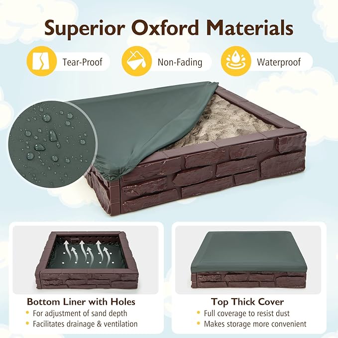 GLACER Sandbox with Cover, 47x 47 HDPE Sand Box w/Oxford Cover, Bottom Drainage Oxford Liner, All Weather Resistant Sand Pit in Backyard Lawn Garden Beach for Kids (Brown)
