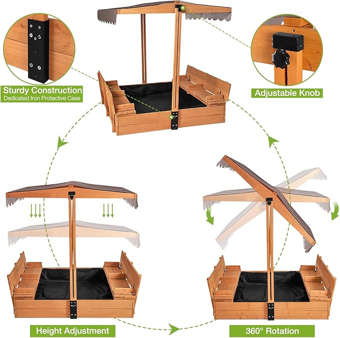GUTINNEEN Wooden Sandbox with Adjustable Canopy, Outdoor Kids Sand Box with Foldable Benches, Sand Liner, Retractable Roof, 47¡±Lx47¡±Wx52¡±H
