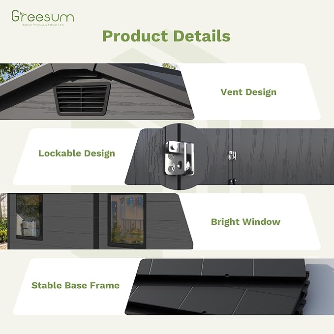 Greesum 6×8FT Plastic Outdoor Storage Shed with Floor, Resin Storaged Sheds with Lockable Double Door, Windows & Vents, All-Weather Tool Sheds for Garden, Backyard, Patio, Dark Gray