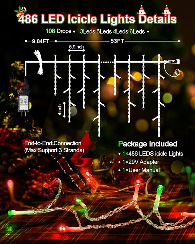 Christmas Lights Outdoor Red Green, 53 FT 486 LED Christmas Lights for Outside, Timer & Memory, Plug in 8 Modes Hanging Fairy Light with 108 Drops for House Eaves Yard Patio Decorations