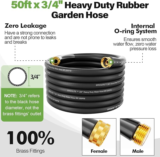 SPECILITE 3/4 Garden Hose 50 ft with High Flow Nozzle, Heavy Duty Flexible Hybrid Rubber Water Hose for Outdoor, Lightweight, Leak-Proof, No-Kink, 3/4Brass Fittings,Black