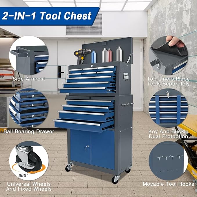 13-Drawer Rolling Tool Chest with Double Door, Extra Large Storage Cabinets with Tool Box, 2-in-1 Detachable Design, 600 lbs Capacity with Lockable Wheels for Garage, Mechanic & Home Use (Blue£¦Grey)
