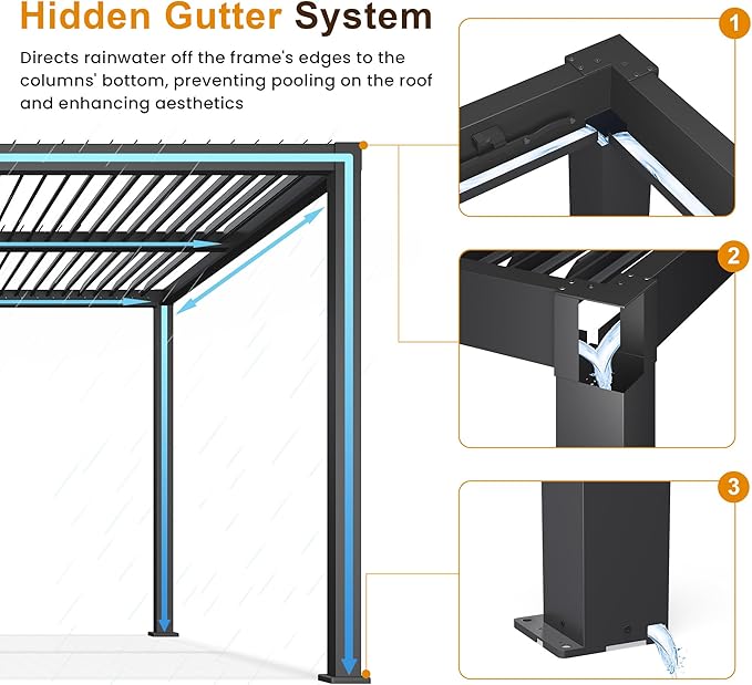 12' x 20' Louvered Pergola, Outdoor Pergola with Curtains & Netting, Metal Patio Pergola with Adjustable Louvers Roof and Gutter System, Metal Hardtop Gazebo for Patio, Deck, Garden, Yard, Dark Gray