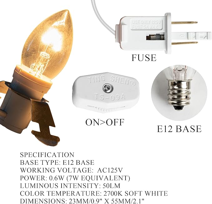 Dazzle Bright 2 Pack 6 FT Accessory Cord with Incandescent Light Bulb E12 Socket White Cord with On/Off Switch Plug, C7 Candelabra Light Bulbs for Holiday Decorations, Christmas Village House