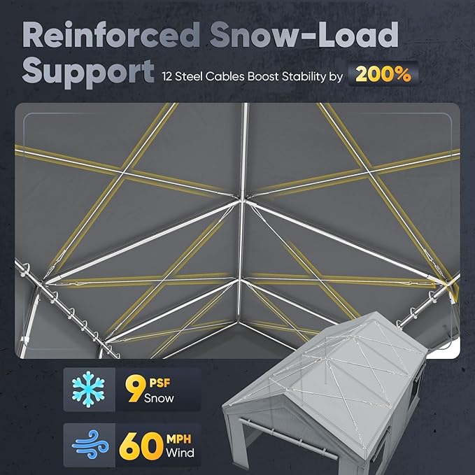 Quictent Heavy Duty 10x20 ft Carports with Side Zipper Doors & Snowproof Steel Cables & Ventilated Windows, Waterproof Storage Shelter for Car, Boat, RV, Outdoor Equipment, Gray