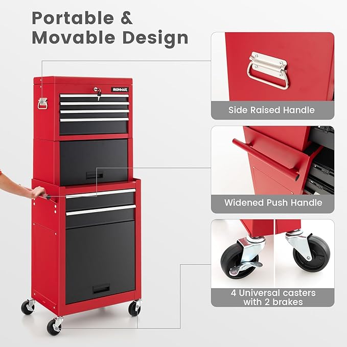 ERGOMASTER Rolling Tool Chest - Removable Top Box Large Bottom Cabinet with Casters and Lock System Tool-Box - Heighten 6-Drawer Red