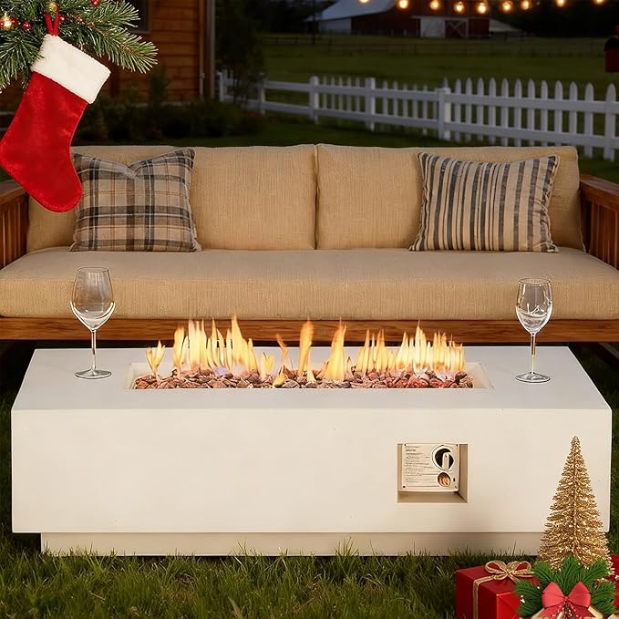 ECOTOUGE 56''Gas Fire Pit, Outdoor Propane Firepit Table w/Side Handles, Auto-Ignition Rectangle Steel Fire Table, 50,000 BTU Concrete fire Pit w/Weather-Resistant Pit Cover£¨White, No Tank Cover£©