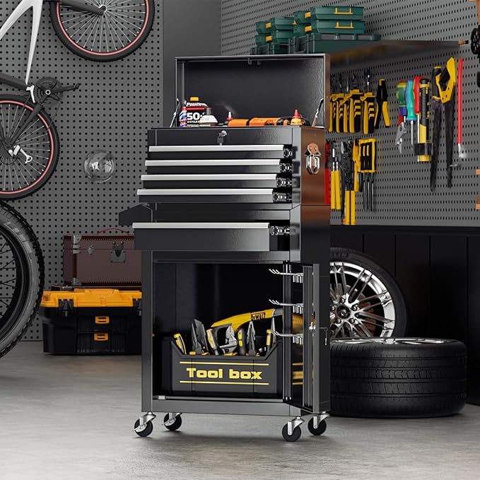 Crownland 5-Drawer Rolling Tool Chest with Wheels, Lockable 2 in 1 Detachable Tool Cabinet wit Drawers and Black Liners, Garage Top Toolbox & Bottom Storage Cart with Side Hooks(Black)