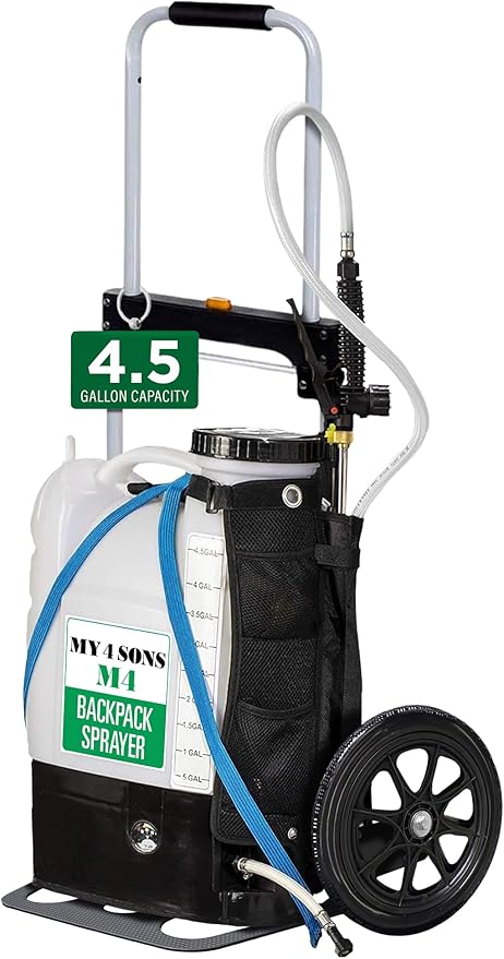 Backpack Sprayer - MY4SONS M4 4-Gallon Battery - Cordless Sprayer with 14-Inch Wheels, Spray Pistol, Adjustable Wand, 15ft Hose, Secure Strap, Rechargeable Power Supply Included, for Lawn and Garden
