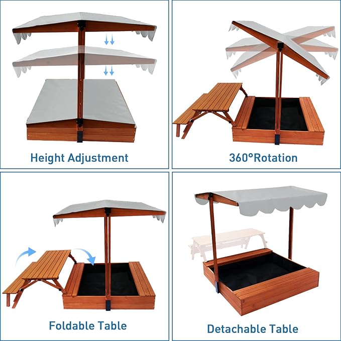 Wooden Kids Sandbox with Lid, Outdoor Sand Box with Picnic Table, Sandpit with Cover Canopy for Aged 3-8 Years Old, Adjustable Roof Bottom Liner