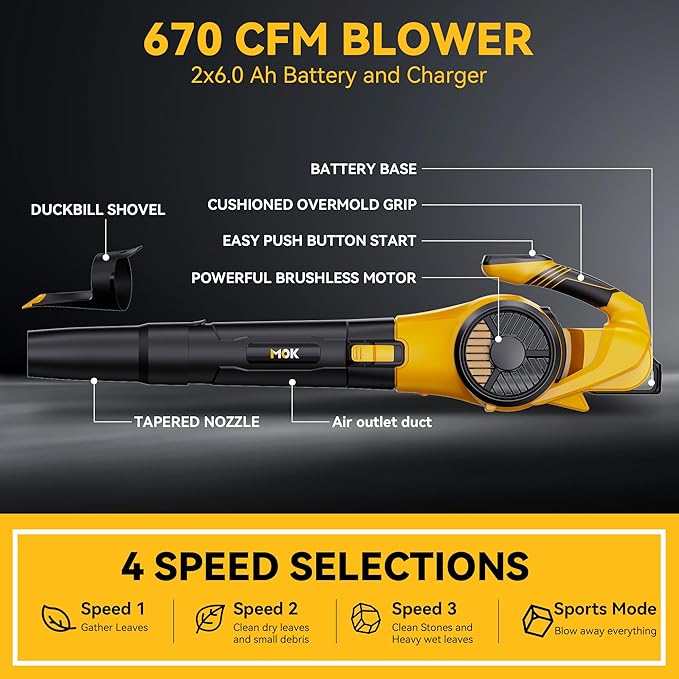 MOK Leaf Blower Cordless, 670CFM Electric Leaf Blowers with 2 x 6.0Ah Batteries and Charger, 3- Speed & Turbo Mode,1 x Rubber-Coated Snow Shovels, 1 x Shoulder Strap, Blowers for Lawn Care