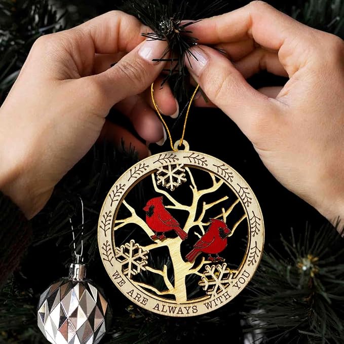 Cardinal Memorial Christmas Ornament – Wooden Cardinal Bird Decoration with “We are Always with You” Quote – Remembrance Ornament for Loved Ones, Bereavement Christmas Tree Hanging Ornament