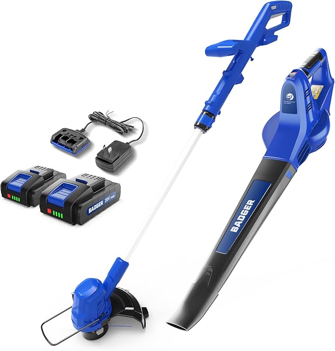 Wild Badger Power 20V Weed Wacker & Leaf Blower, Electric with 2 * 2Ah Battery & Charger, String Trimmer, Lightweight, Adjustable Telescopic Shaft, Easy to Use