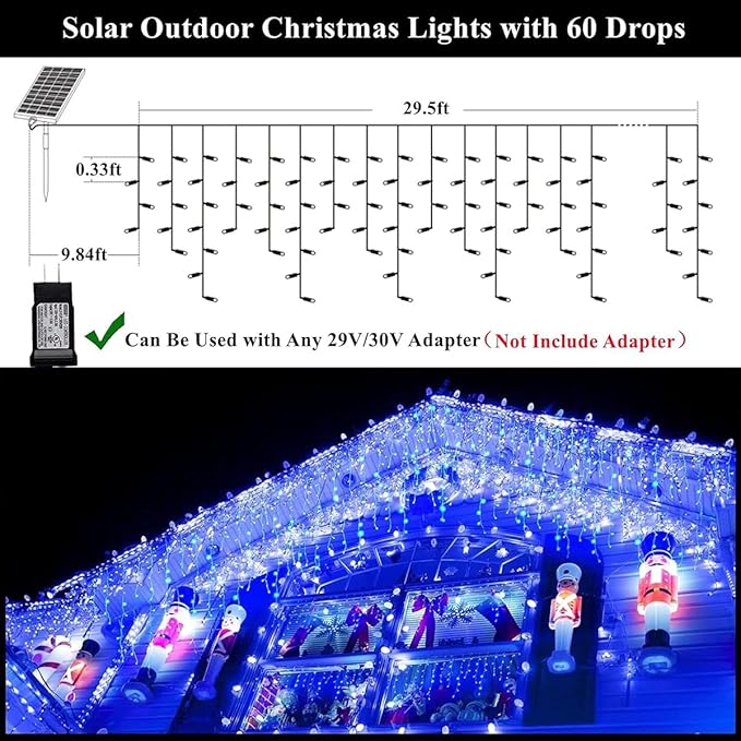 320LED Solar Christmas Lights Outdoor Waterproof Christmas Decorations Curtain Lights 29.5ft 60 Drops,8 Modes Solar Powered Rechargeable Fairy Lights for Party, Holiday,Wedding Decorations (Blue)