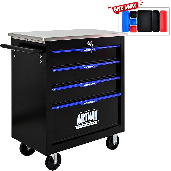 RYH 4/5/6/7 Drawers Rolling Tool Chest -Heavy Duty Mobile Metal Tool Box with Locking Wheels, with Stainless Steel Worktop, Garage Tool Storage Cabinet (Black-Blue, 4-Drawers 30.7 H¡¿25.9 W)