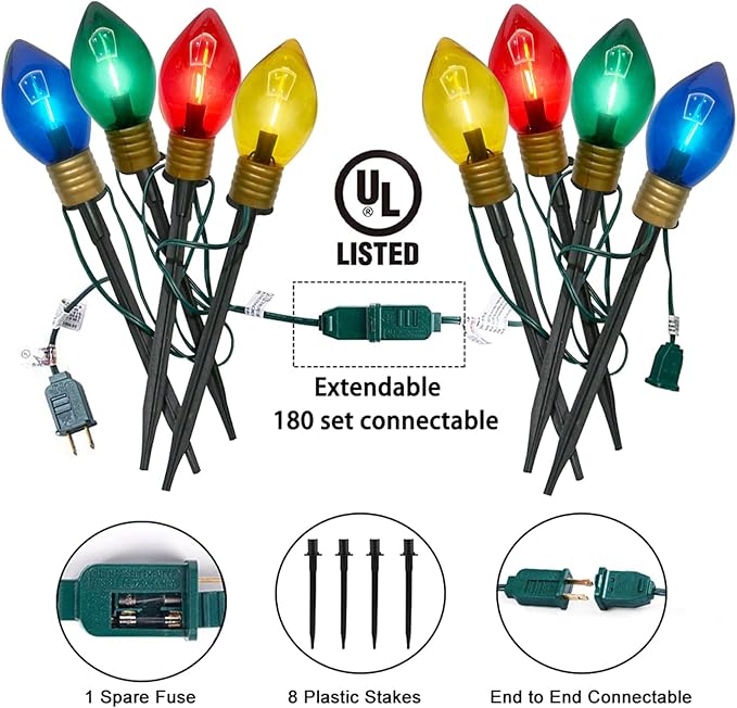 Jumbo Pathway Lights, 7FT Christmas Walkway Lights with Pathway Marker Stakes and 4 LED Clear Multicolor Bulb,Christmas Light Outdoor Decorations for Lawn Yard,4 Lights
