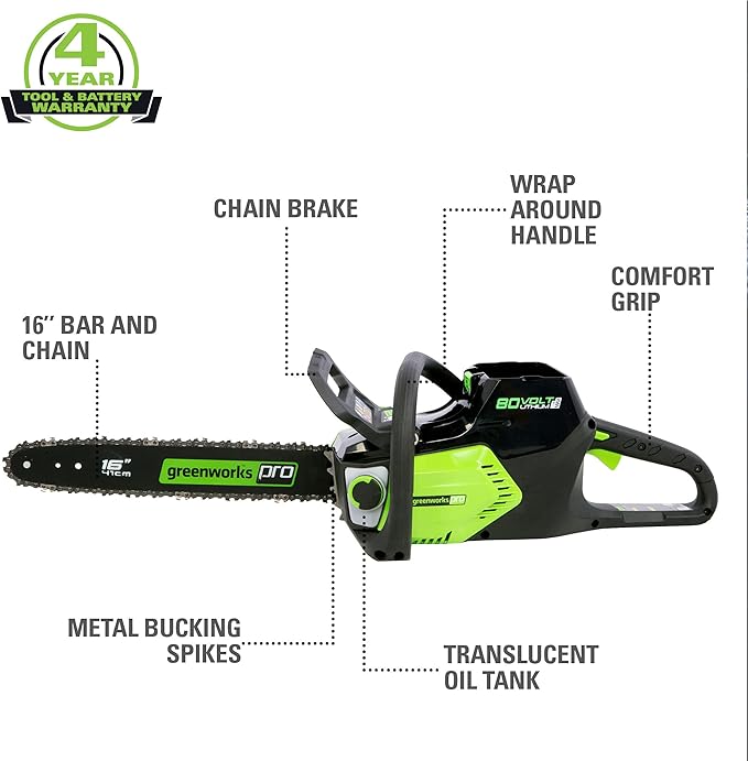 Greenworks 80V 16 Brushless Cordless Chainsaw (Great For Tree Felling, Limbing, Pruning, and Firewood / 75+ Compatible Tools), 2.0Ah Battery and Charger Included