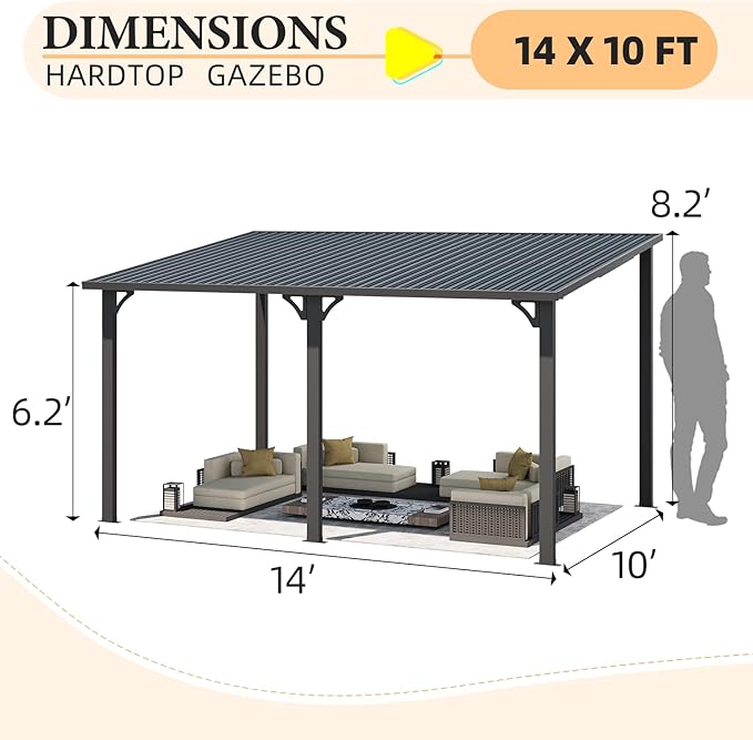 AECOJOY 14' x 10' Hardtop Gazebo Outdoor Pergola, 10x14 Large Heavy Duty Lean to Metal Pergolas and Gazebos on Clearance, Wall-Mounted Grill Gazebo Galvanized Steel Patio Roof Awnings for Patio