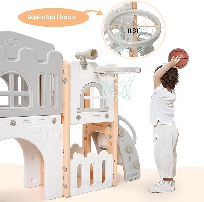 8-in-1 Toddler Slide & Climber Playset for Kids 1-3 Years, Indoor Outdoor Activity Center with Basketball Hoop, Tunnel, Telescope, Steering Wheel & Storage, Safe HDPE Backyard Fun House