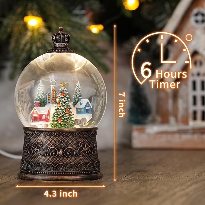 Snow Globe with Christmas Tree & Village, Light Up Christmas Snow Globes with Music Timer - USB Plug or Battery Operated Glitter Globe Indoor Christmas Decorations