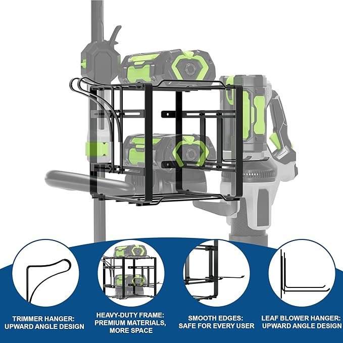 Pugala Universal Storage Rack for Leaf Blower, Weed Eater, and Power Tools ? Adjustable Wall Mount Organizer with Heavy-Duty Steel, Powder-Coated Finish, and Battery Storage ? Black