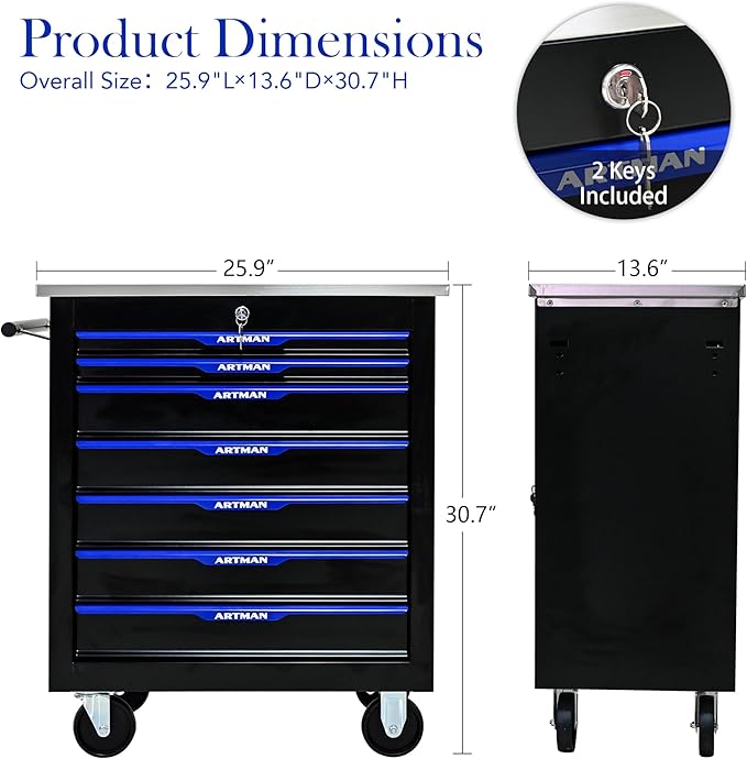 RYH 4/5/6/7 Drawers Rolling Tool Chest -Heavy Duty Mobile Metal Tool Box with Locking Wheels, with Stainless Steel Worktop, Garage Tool Storage Cabinet (Black-Blue, 7-Drawers 30.7 H¡¿25.9 W)
