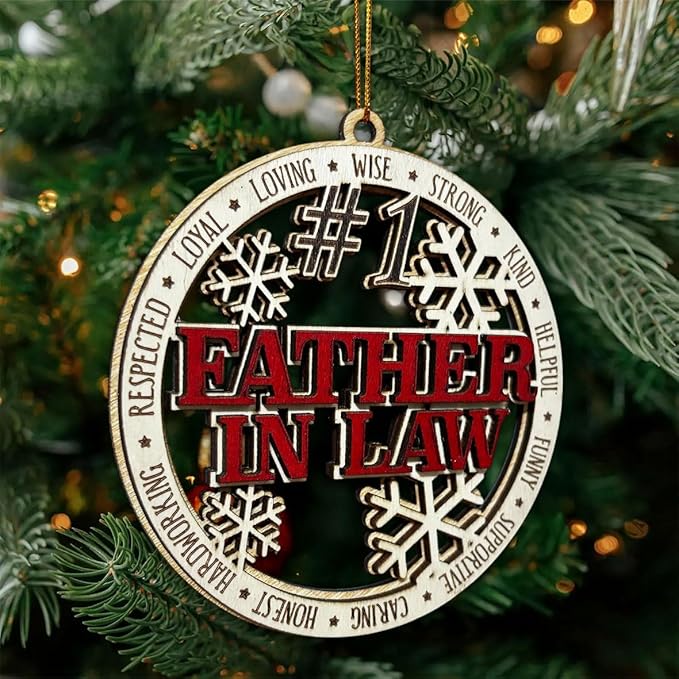 #1 Father-in-Law Wooden Christmas Ornament – Best Father-in-Law Holiday Tree Hanging Decoration, Rustic Xmas Gift with Snowflakes & Words