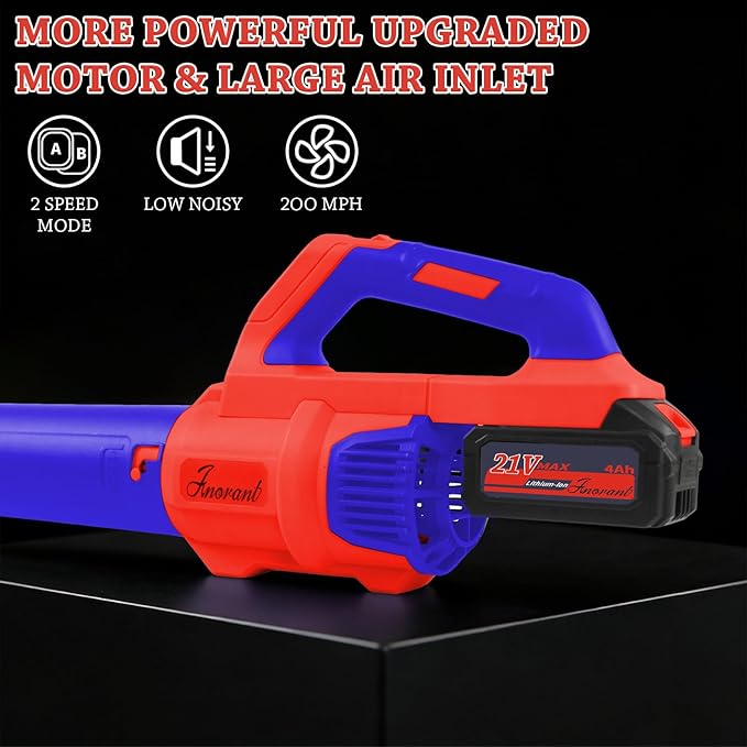 Leaf Blower Cordless with Battery and Charger, 500 CFM/200 MPH, Electric Leaf Blowers with 2 Speeds, 2 Extended Tubes, 1 x 2.0 Ah Battery-Powered Leaf Blowers for Lawn Care, Blowing Leaves, Yard(RED)
