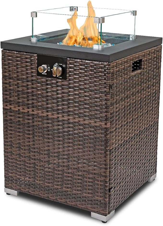 22in Outdoor Propane Gas Fire Pit Table, 40,000 BTU Auto-Ignition Gas Firepit with Glass Wind Guard, Painted Steel Tabletop, Mixed Color Glass Rocks, Brown PE Rattan
