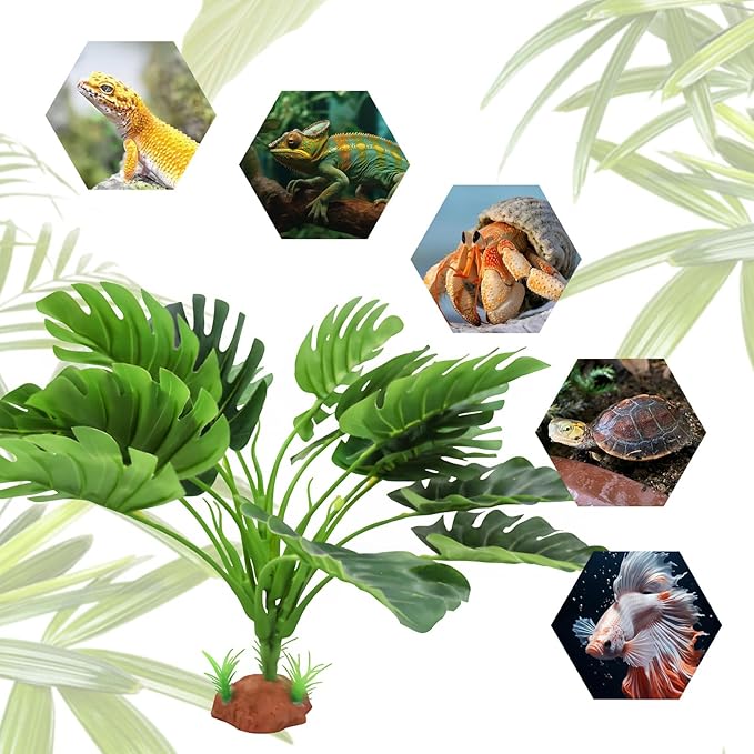 2 Pack Fake Monstera Plant Tank Decor, Realistic Artificial Plastic Plant Decoration for Reptile Amphibian Habitat Terrarium, Decor Accessories for Bearded Dragon Betta Fish Tortoise Chameleon Lizard