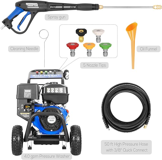 BILT HARD 4000 PSI 4.0 GPM GAS Pressure Washer, 302cc Engine, Gas Power Washer with Triplex Pump, Spray Gun and Wand, Built-In Soap Tank, 5 QC Nozzle Tips, 50 Ft Hose with 3/8 Quick Connect, 49-State