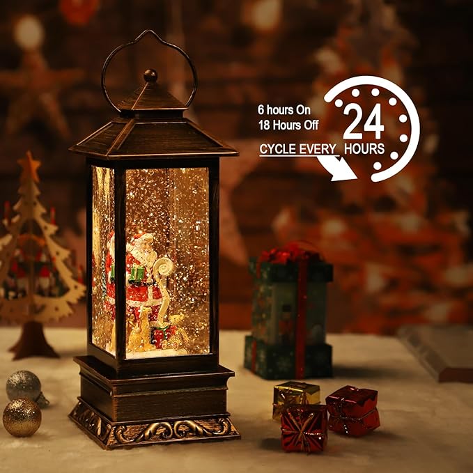 Christmas Snow Globe Lantern Christmas Decorations, Xmas Gifts Christma Vintage Home Decor Indoor,Sparkling with Music 6H Timer, Holiday Party Gifts (Santa Claus Red)
