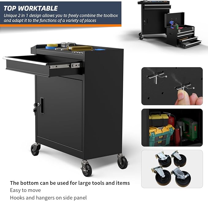 5-Drawer High Capacity Rolling Tool Box, Removable Cabinet Storage Tool Chest with Wheels and Drawers, Detachable Toolbox with Lock for Mechanics Garage Workshop and Tool Room (Black)