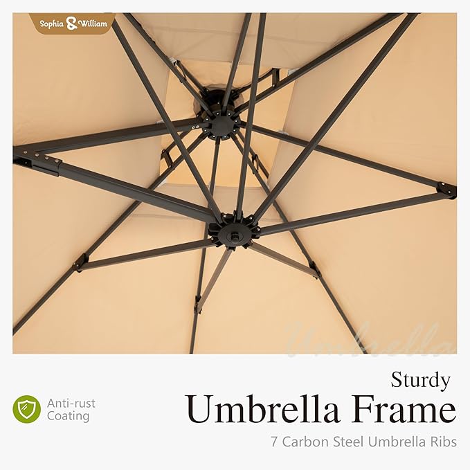 Sophia & William Cantilever Patio Umbrella 10ft, Offset Large Square Outdoor Umbrellas with 360-degree Rotation, Heavy Duty Windproof for Garden Pool Backyard, Beige (no base)