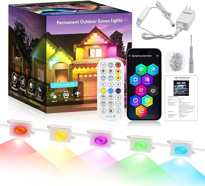 Outdoor Permanent Lights for House 100ft, Smart Halloween Lights with 60LEDs RGB IP67 Waterproof, Support with Alexa &Google Assistant Smart Voice Control,Sync to Music, DIY Scene Modes for Party