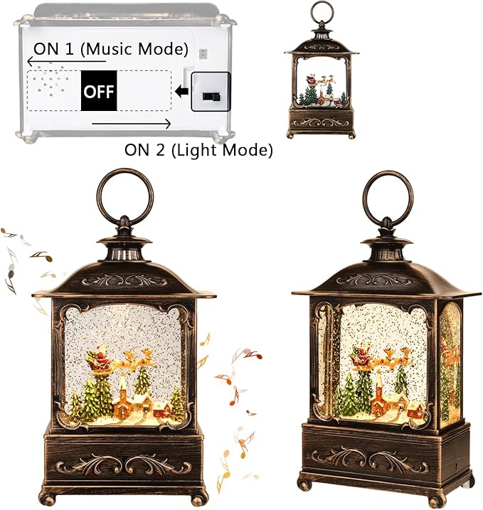 Christmas Decorations Christmas Snow Globe Glittering Lantern with Music & Timer, Christmas Lanterns USB Lined/Battery Operated Lighted Lantern for Decoration Gifts
